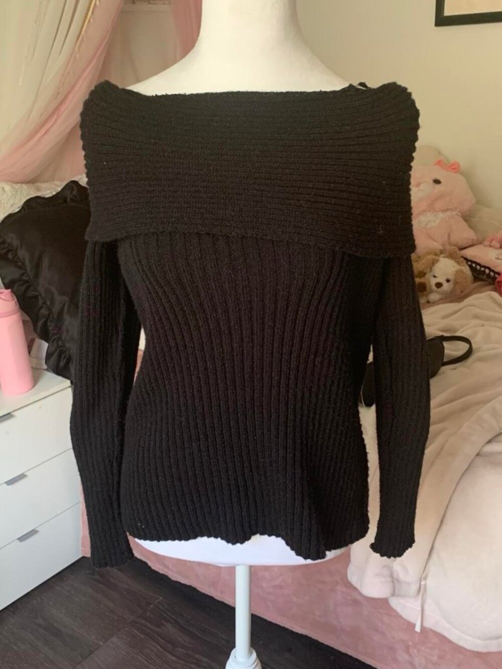 black off the shoulder ribbed knit sweater